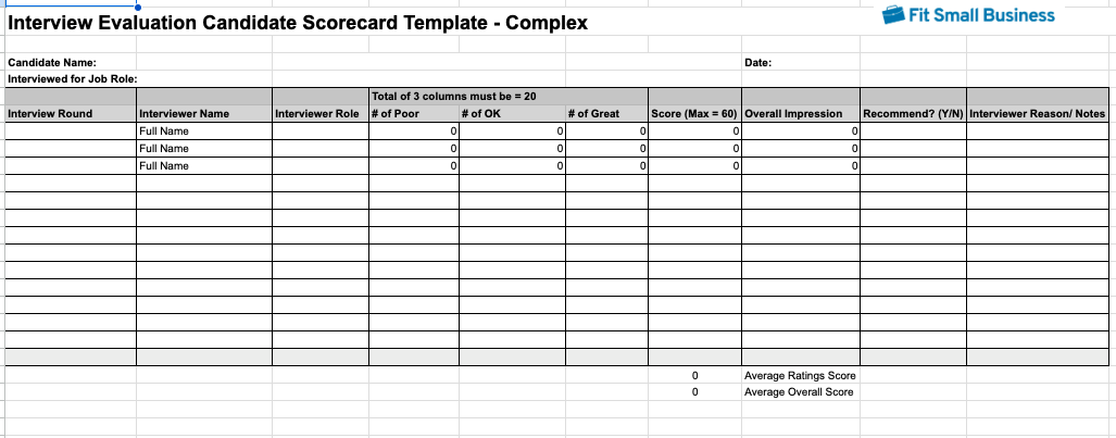 Interview Evaluation Candidate Scorecard Template - Complex